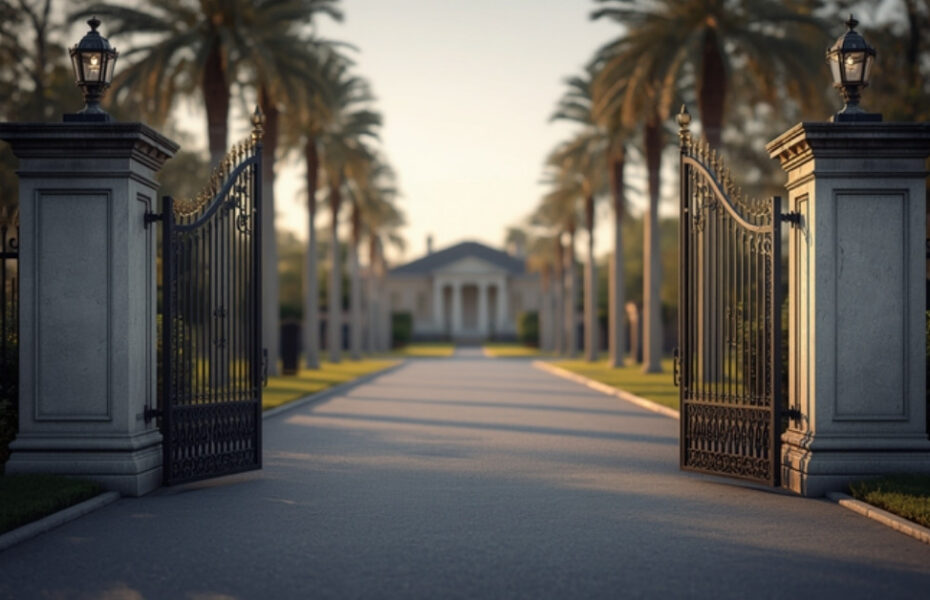 Gated entrance to a luxury waterfront estate on an exclusive residential street.