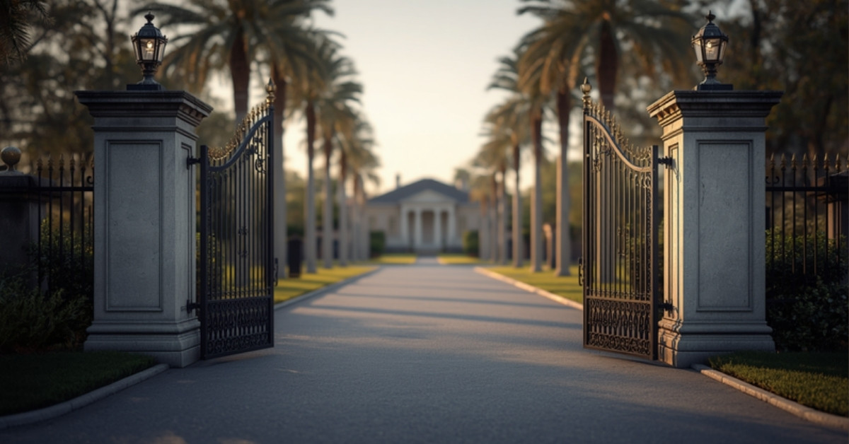 Gated entrance to a luxury waterfront estate on an exclusive residential street.