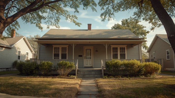 Modest single-family suburban home with gray siding and a small covered entry, used to illustrate valuing a marital home in a divorce.