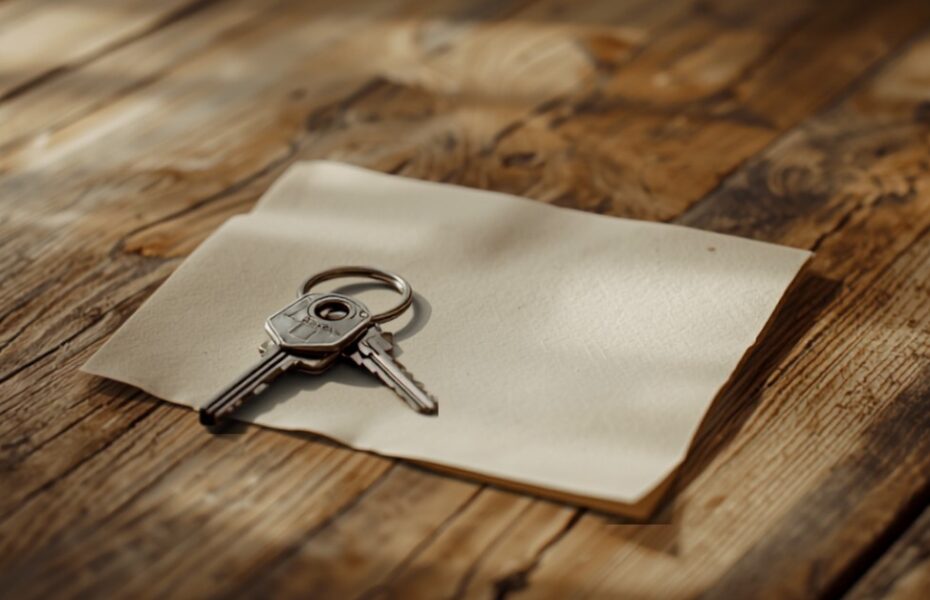 Divorce home appraisal of a marital home, with keys and a property settlement document.