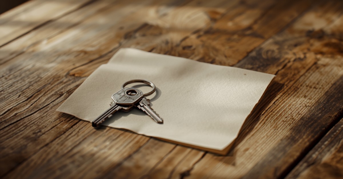 Divorce home appraisal of a marital home, with keys and a property settlement document.