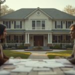A family home with two parties reviewing documents, weighing a marital home buyout.