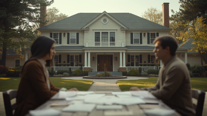 A family home with two parties reviewing documents, weighing a marital home buyout.