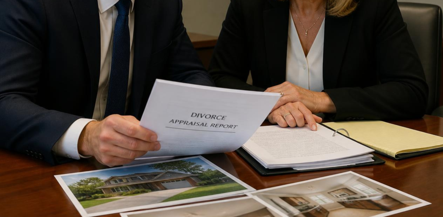 Divorce attorney and expert witness appraiser reviewing a defensible appraisal report before trial