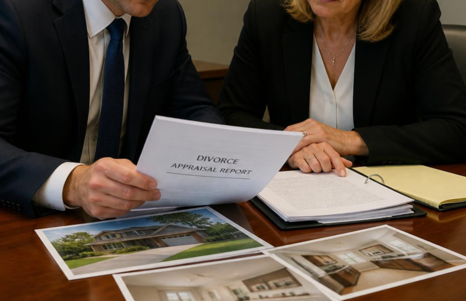 Divorce attorney and expert witness appraiser reviewing a defensible appraisal report before trial