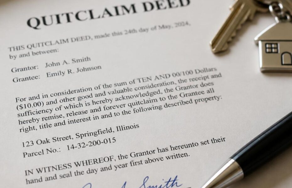 Signed quitclaim deed on a desk, the kind of divorce transfer an appraiser values at the transfer date