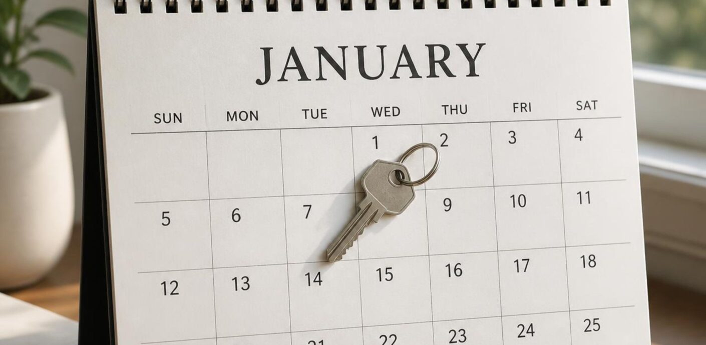 Calendar open to January 1 beside a house key, the effective date for a retrospective appraisal tax appeal
