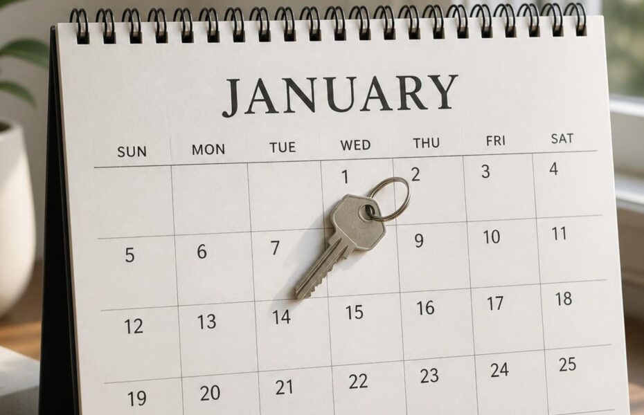 Calendar open to January 1 beside a house key, the effective date for a retrospective appraisal tax appeal
