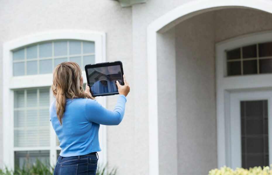 ppraiser photographing a house from the sidewalk during a drive-by appraisal