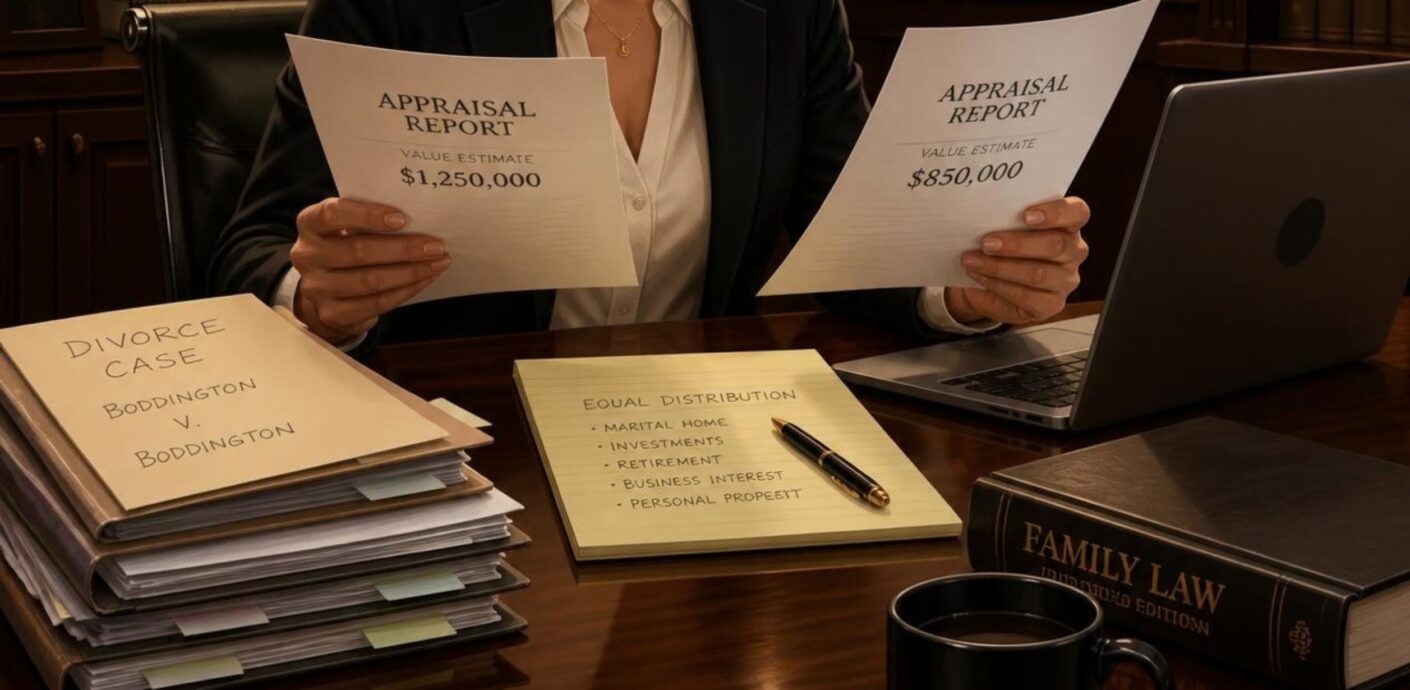 Attorney comparing two competing appraisals in a divorce case side by side on a conference table
