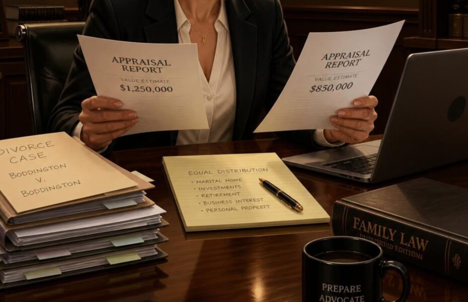 Attorney comparing two competing appraisals in a divorce case side by side on a conference table