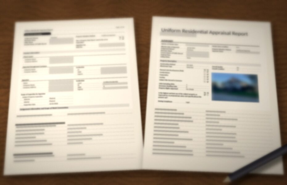 Two printed pages of a new appraisal report on a wooden desk